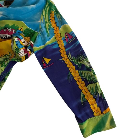 Diane Gilman Women's 100% Silk Blouse Tropical Size Medium Palm Trees, Sail Boat - Picture 9 of 15